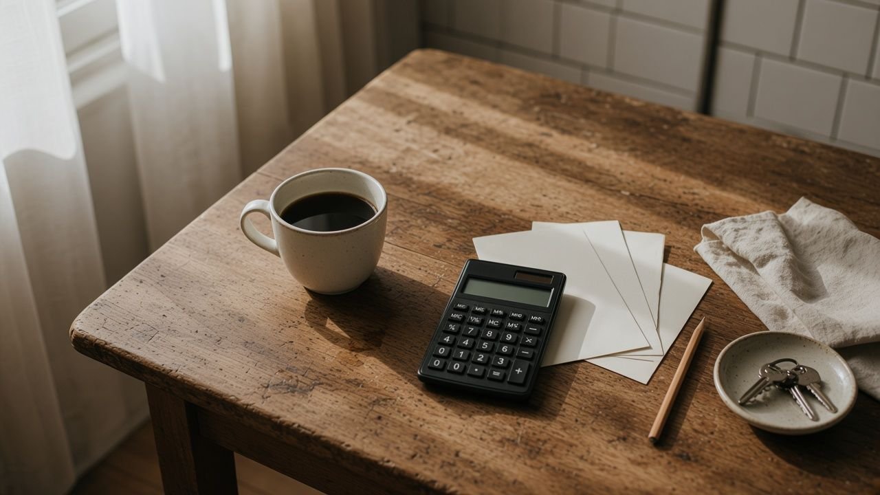 Table de cuisine au petit matin: tasse de café, calculatrice, courrier, crayon et clés dans une coupelle